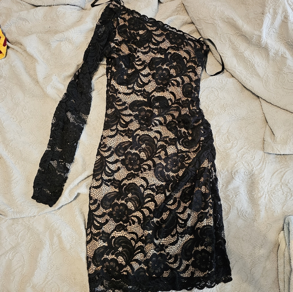 Bebe asymmetrical black lace dress